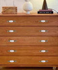 Wooden dresser with 8 Piece Antique Bronze Ceramic Dresser Handles Set For Cabinets And Drawers, Vintage White Ceramic Knobs and Pulls.