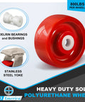 Heavy Duty 5 By 2 Inch Stainless Steel Caster With Red Solid Polyurethane Wheel And 800 Lbs Capacity Single Swivel Industrial Caster close-up of wheel with delrin bearings.