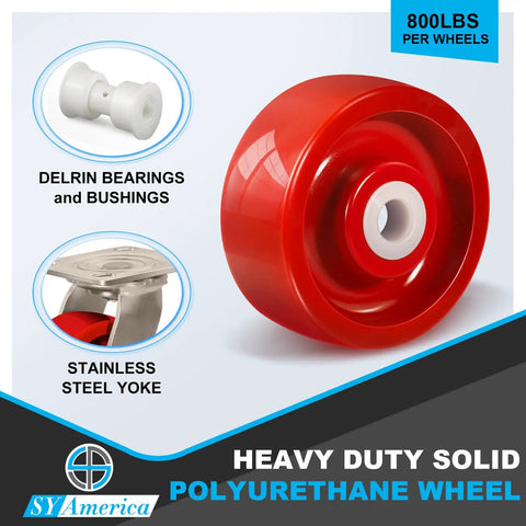 Heavy Duty 5 By 2 Inch Stainless Steel Caster With Red Solid Polyurethane Wheel And 800 Lbs Capacity Single Swivel Industrial Caster close-up of wheel with delrin bearings.