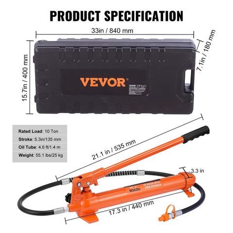 VEVOR 10-Ton porta power kit with orange hydraulic ram and 4.6 ft hose in black storage case