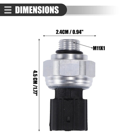 Image of AC Pressure Transducer Valve With Sensor Switch For Honda Accord Civic Clarity CR V Fit HR V Insight 2005 To 2021 Metal Black Direct Fit Part Nos 80450SFE003 And 80450T2FA01 showing dimensions and size description.