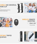 Features of 71 Inch Aluminum Camera Tripod Stand With Wireless Remote And Phone Holder, including flexibility, portability, remote use.