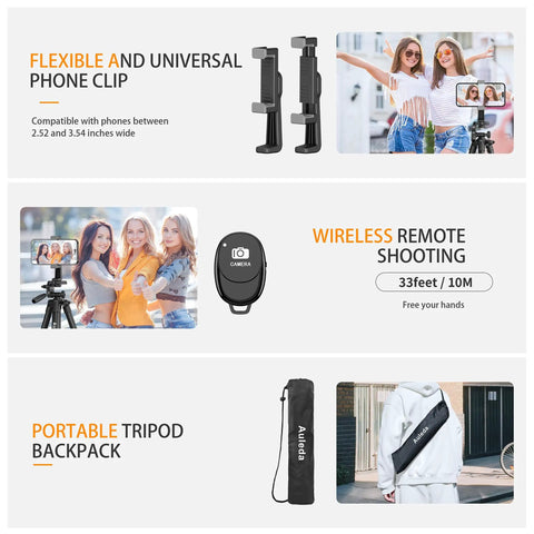 Features of 71 Inch Aluminum Camera Tripod Stand With Wireless Remote And Phone Holder, including flexibility, portability, remote use.