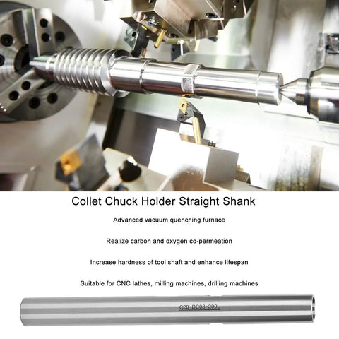 Solid Straight Shank Collet Chuck Holder For Rear Pull Lathe Machining C20 DC08 200L viewed in a machine setup with cutting tools.