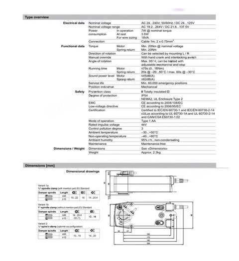 Adjustable Air Damper Actuator Featuring Emergency Override And Dual Voltage Power Compatibility Delivers Smooth 20Nm Torque For Knockout Hvac Valve Assembly specifications and dimensions overview.