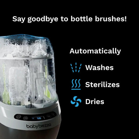 Front view of Baby Brezza Bottle Washer Pro in white with transparent chamber and visible baby brezza logo.