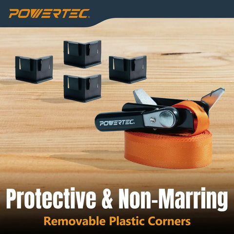 Heavy Duty Adjustable Band Clamp For Woodworking With 15 Ft Strap Solid Ratcheting Grip, orange strap and black corners.