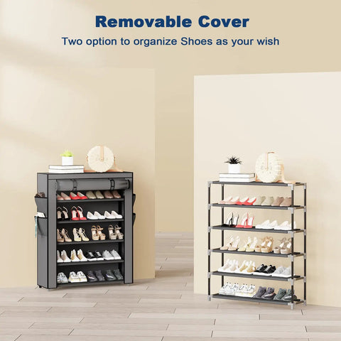 Gray 6 Tier Shoe Rack With Cover, Large Capacity Shoe Organizer For Entryway Front Door Closet Or Garage, shown with and without cover