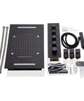 Top Shelf Heavy Duty Stainless Steel Shower Panel Fifteen X Twenty Three Inches With Built In Bluetooth Speakers Smart Thermostatic Valve Four Way Rainfall Waterfall And Body Jets Remote Color Changing Antique Brass components, including control panel and hoses.