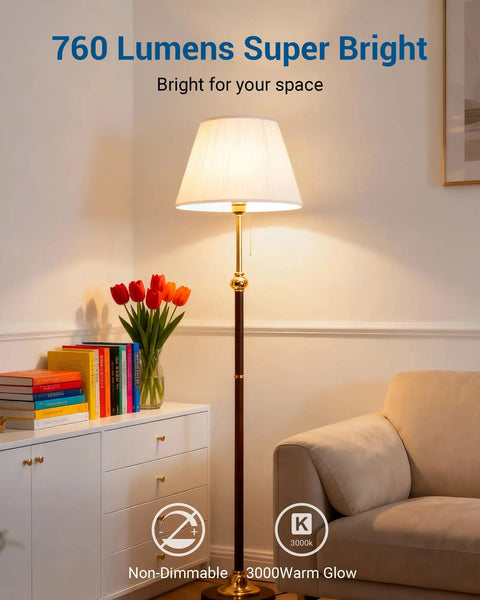 Living room scene with a floor lamp using 8 Pack A19 LED Light Bulbs 760 Lumens 3000K Warm White Energy Saving E26 60 Watt Replacement.