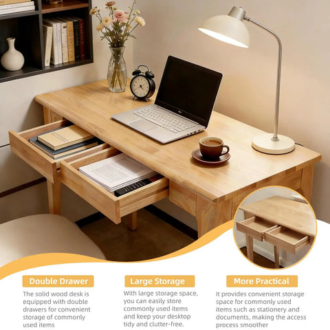 Mid Century Modern Solid Wood Height Adjustable Standing Desk With Slick Ergonomic Design And Heavy Duty Storage Drawers showcasing double drawers and laptop setup.