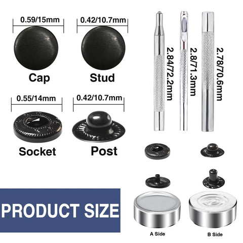 15Mm Brass Snap Fasteners Kit With Caps And Sockets, Rivets And Snaps For Jackets And Belts, DIY Crafts, Includes 4 Installation Tools, Rustproof, Beginner Friendly No Sew Kit, 15 Sets, showing tool sizes and components