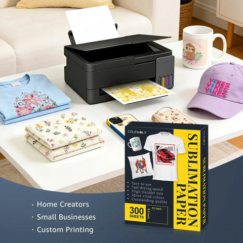 Heavyweight 125Gsm Sublimation Paper 8.5x11 Inch 300 Sheets for inkjet printers next to custom printed DIY projects on table
