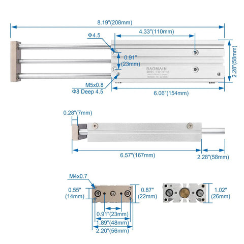 12mm Bore 125mm Stroke Double Acting Pneumatic Cylinder With Magnetic Rod, Aluminum Body, 1.0 MPa Max Pressure dimensions
