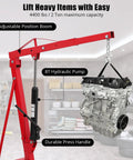 Heavy Duty Hydraulic Engine Hoist With Telescopic Boom And 6 Roll Smooth Casters, 4400 Lb Folding Cherry Picker Built To Go Hard On Every Shop Project, Bold Red with adjustable boom and hydraulic pump.