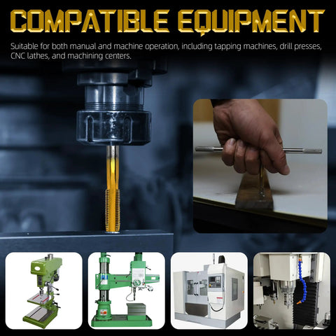 Six Piece SAE Tap Set With Wrench M2 HSS Taps with images of compatible equipment like tapping machines and CNC lathes.