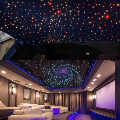 20W Dual Head Fiber Optic Lights Kit With RGBW Twinkle Heads creating star ceiling effect in car headliner and home decor setup