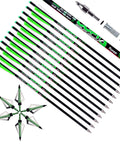 Carbon Crossbow Bolts 20 Inch Arrows Set, 12 Pack With 6 Broadheads, Interchangeable Tips, O Ring Locking Screw Tip