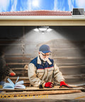 Man working under Solar Shed Light Outdoor Pendant With 180 LED 1000 Lumen Brightness Motion Sensor And Remote Control