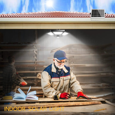 Man working under Solar Shed Light Outdoor Pendant With 180 LED 1000 Lumen Brightness Motion Sensor And Remote Control