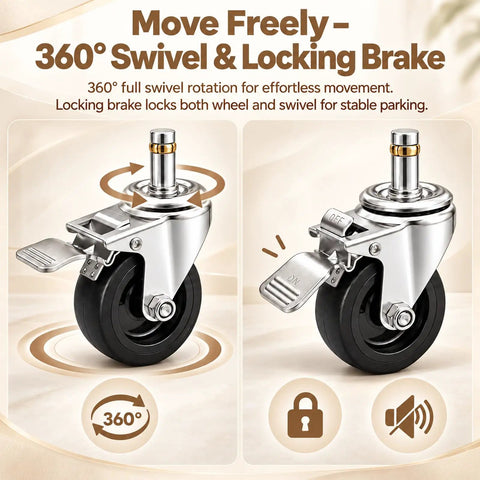 Smooth Rolling Replacement Caster Wheels For Outdoor Fire Pits And Patio Heaters With Three Inch Heavy Duty Swivel Casters featuring swivel and locking brake.