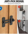 Close-up of a black 180 Degree Flip Sliding Barn Door Lock for privacy, installed on a wooden door, kid and pet proof design shown.