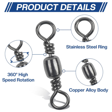 Barrel Swivels Fishing Set 200 Pcs Rolling Ball Bearing Swivels With Solid Ring Tackle Connector Copper Stainless Steel Black Nickel Gold Finish Sizes 2 4 6 8 10 For Lures Rigs, stainless steel ring and copper alloy body