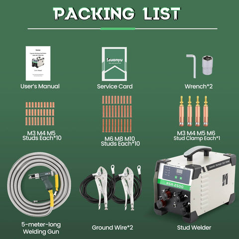 Packing list showing Capacitor Discharge Stud Welder For M3 To M10 Bolts Plate Welding Machine with accessories on green background.