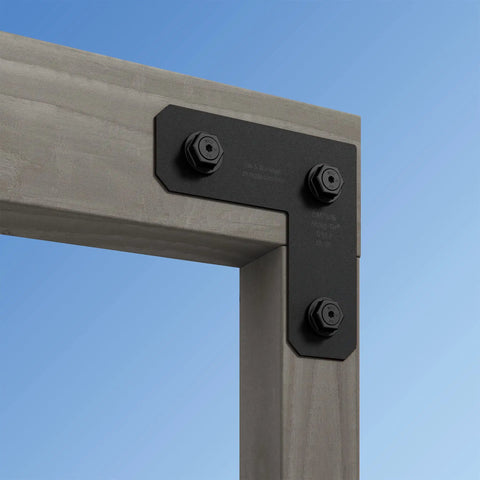 Black Powder Coated L Strap For 4x4 Posts ZMAX Galvanized 12 Gauge Steel Avant Collection, shown installed on timber post.