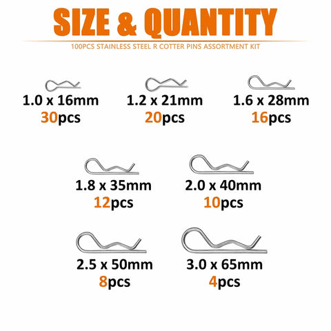Chart of 100Pcs 304 Stainless Steel Cotter Pins Assortment Kit in 7 sizes with quantity per size for R Clips and systems.