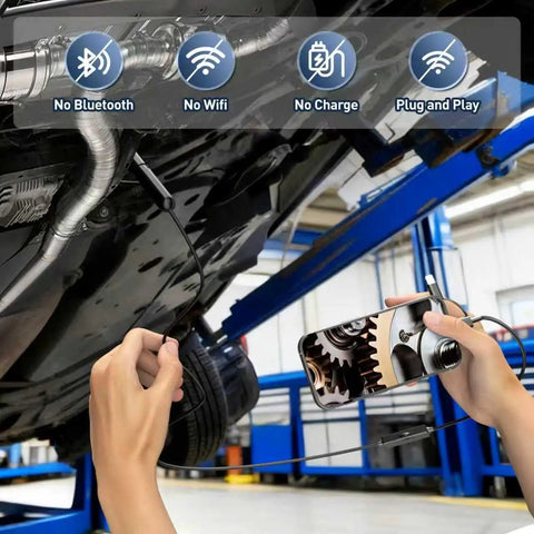 Dope Endoscope Camera With Light For Pipe Inspection, 16.4Ft Semi-Rigid Snake Borescope used to inspect car undercarriage with phone screen view.