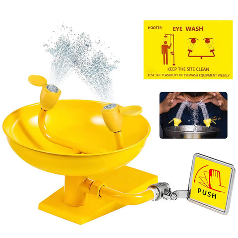 Emergency Eye Wash Station Wall Mounted With Eyewash Sign Dual Spray Faucet Stainless Steel And ABS Housing, yellow unit spraying water