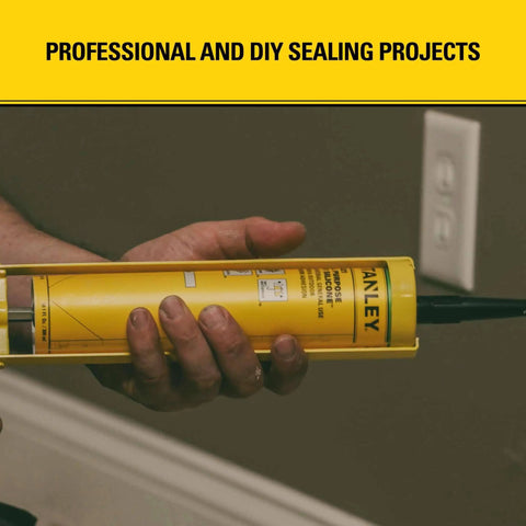 Person holding All Purpose RTV Silicone Sealant 48 Tubes 10.1 Fl Oz Each Waterproof White Caulk in a caulking gun