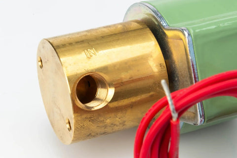 Close-up of brass end and red wires of a 12V Hydraulic Solenoid Valve 379686-1 For 6-Bolt Powershift PTOs, Fits 230 231 270 271 272 Series