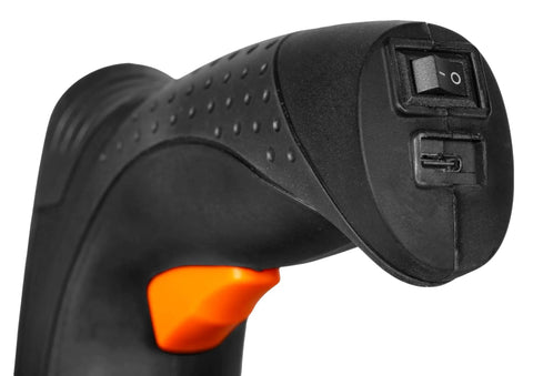 Close-up of the handle of Cordless Two In One Brad Nailer And T50 Crown Stapler Equipped With 4V Battery And Usb C Quick Charge.