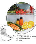 Beefy Heavy Duty Left Refrigerator Door Hinge Replacement For Commercial Coolers And Freezers Stainless Steel 3.89 By 1.96 By 0.78 Inch Easy Install For Display Cabinets And Cooler Racks, shown with fruits and vegetables in fridge, hinge inset view