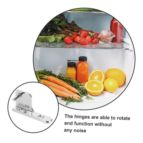 Beefy Heavy Duty Left Refrigerator Door Hinge Replacement For Commercial Coolers And Freezers Stainless Steel 3.89 By 1.96 By 0.78 Inch Easy Install For Display Cabinets And Cooler Racks, shown with fruits and vegetables in fridge, hinge inset view