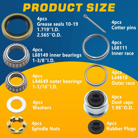 Trailer axle hub bearings kit with 4 inner bearings, 4 outer races, grease seals, dust caps, cotter pins, washers, axle nuts.