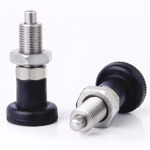 M20 Stainless Steel Reset Knob Spring Plunger With Secure Locating Pin And Heavy Duty Push Button Latch Mechanism For Grease Monkey Garages And Straight Shot Diy Hardware Jobs Rust Proof Build, shown in two angles.