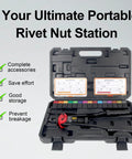 Pro Grade Rivet Nut Tool Kit With Sixteen Inch Gun, Fifteen Mandrels, And Two Hundred Nutserts, shown in storage case