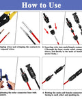 Illustration of steps to use Solar Panel Connector Kit With 42 Piece Set Including 10 Pairs Male And Female Connectors