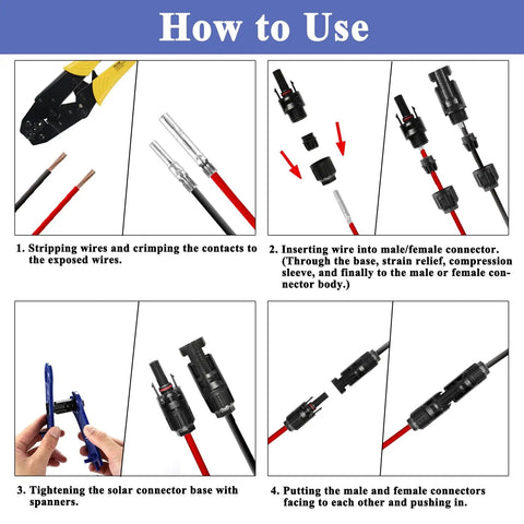 Illustration of steps to use Solar Panel Connector Kit With 42 Piece Set Including 10 Pairs Male And Female Connectors