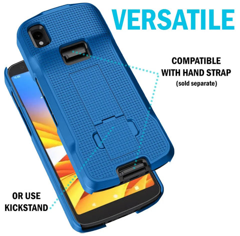 Heavy Duty Kickstand Case Paired With Swivel Belt Holster Combo For Zebra Tc22 And Tc27 Warehouse Scanners Delivering Dead Reliable Protection And Swift One Hand Mounting Blue showing the kickstand and phone compatibility.