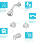 Diagram of Polished Chrome Acrylic Tub And Shower Faucet Trim Kit With Two Handles, knob controls, and 1.8 GPM showerhead.