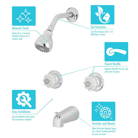Diagram of Polished Chrome Acrylic Tub And Shower Faucet Trim Kit With Two Handles, knob controls, and 1.8 GPM showerhead.