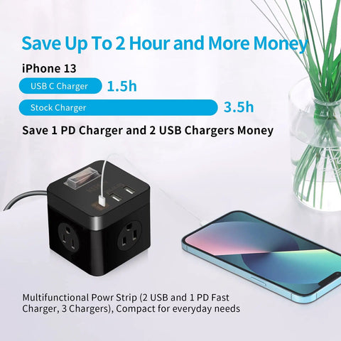 Travel Friendly Power Strip Cube With USB C 5ft Extension Cord Compact Weatherproof Surge Protector Outdoor Outlets 3 AC Sockets 2 USB Ports And Type C Fast Charge For Cruise Ships Hotels Dorm next to smartphone charging indicator