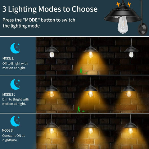 Diagram showing 3 modes of Solar Barn Lights Outdoor With Motion Sensor, Vintage Rustic Chicken Coop Light for barns and coops.