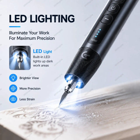 Cordless Ultrasonic Cutter Knife With LED Light illustrating enhanced precision with bright LED in use on intricate wooden design