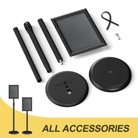 All parts included for Sign Holder Floor Stand 8.5x11 Inch With Adjustable Height And Tilt Heavy Duty Base Snap Open Frame