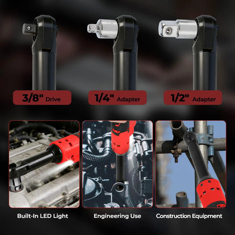 Upgraded Brushless Three Eighths Inch Cordless Ratchet Wrench Beast Mode With 60 Ft Lbs Torque showing various adapters and uses
